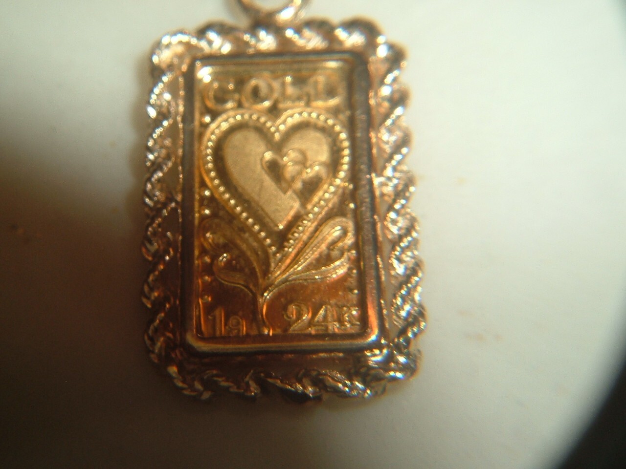 1 GRAM 24K .9999 FINE GOLD HEART BAR 14 KT ROPE BEZEL 4MM BAIL PENDANT 2.29g