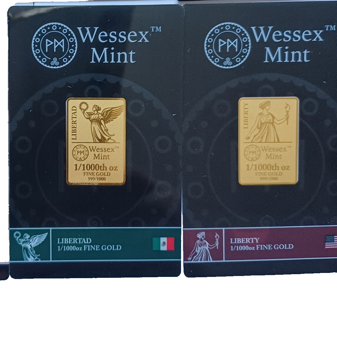 Wessex Mint 1/1000 oz Liberty, Archangel, Libertad & G a t Dragon 999 Gold Bars
