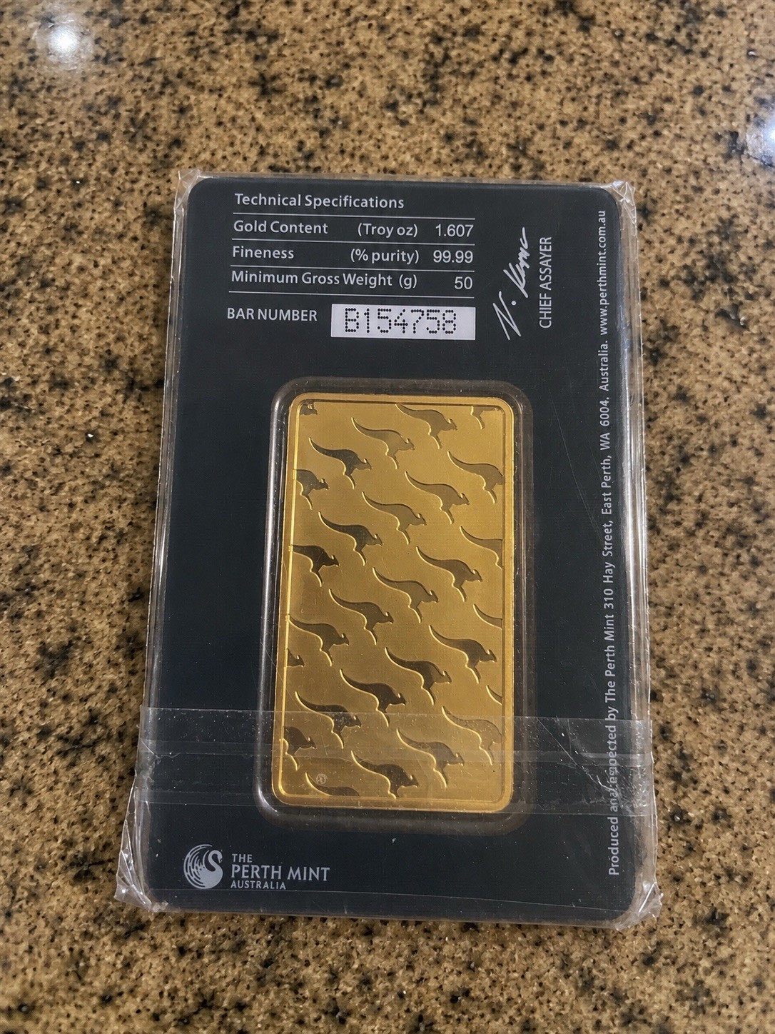 The Perth Mint 50 Gram Gold Bar 0.9999 Fine in Assay Card Tamper-Evident Case
