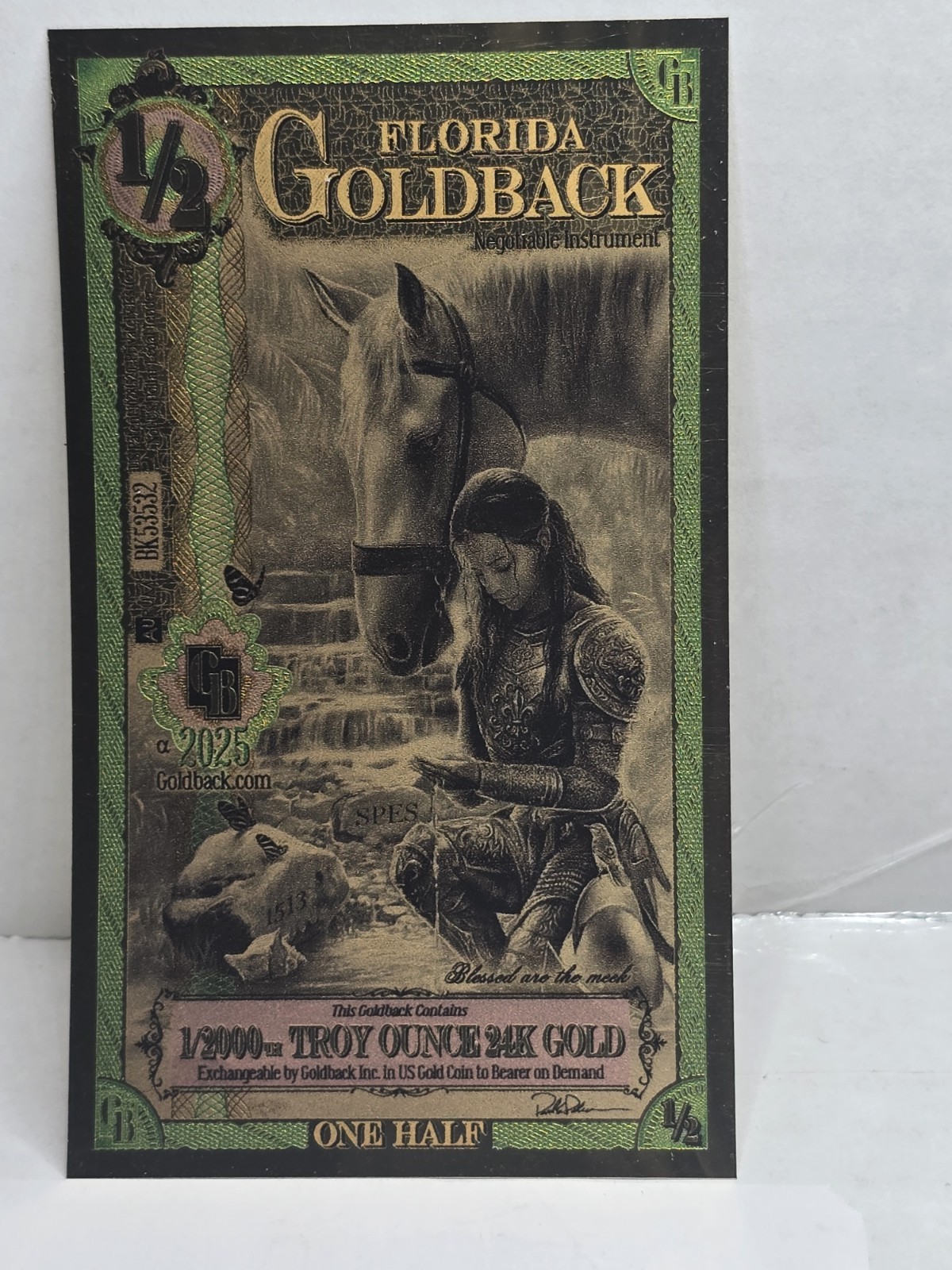 2025 1/2 Florida Goldback Gold Note 1/2000th Troy Oz 24K Gold