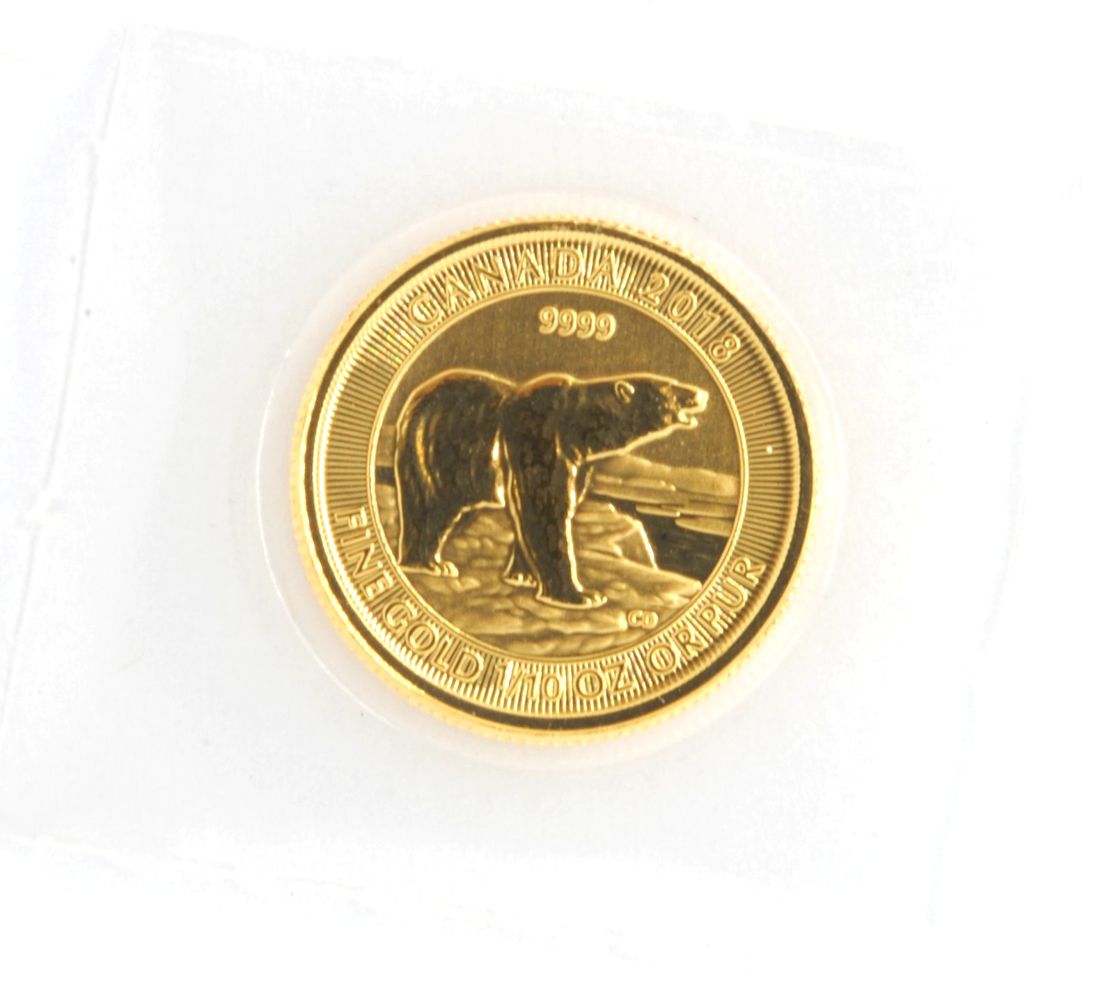 2018 Canada 1/10th Ounce .999 Fine Gold Coin Polar Bear Design in Plastic