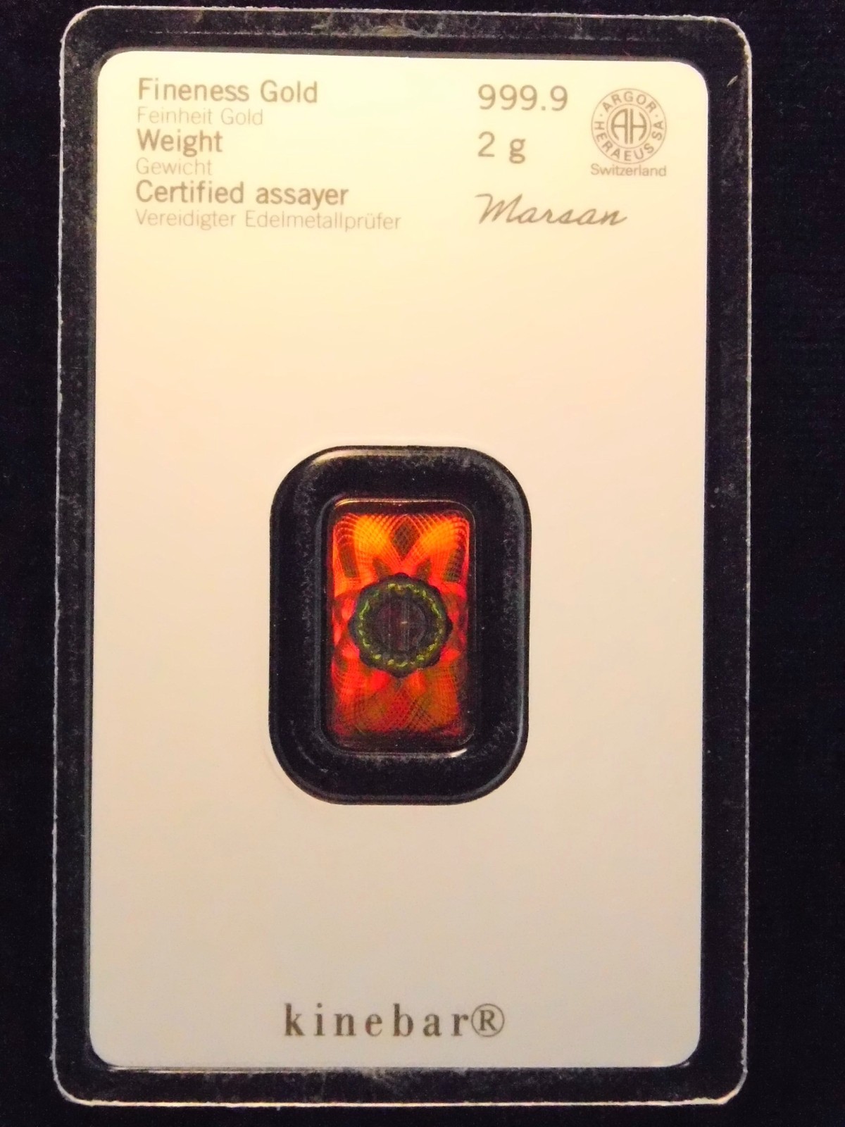 Gold Bar 2 Grams 999.9 Kinebar Heraeus in Blister Card with Certificate New Product