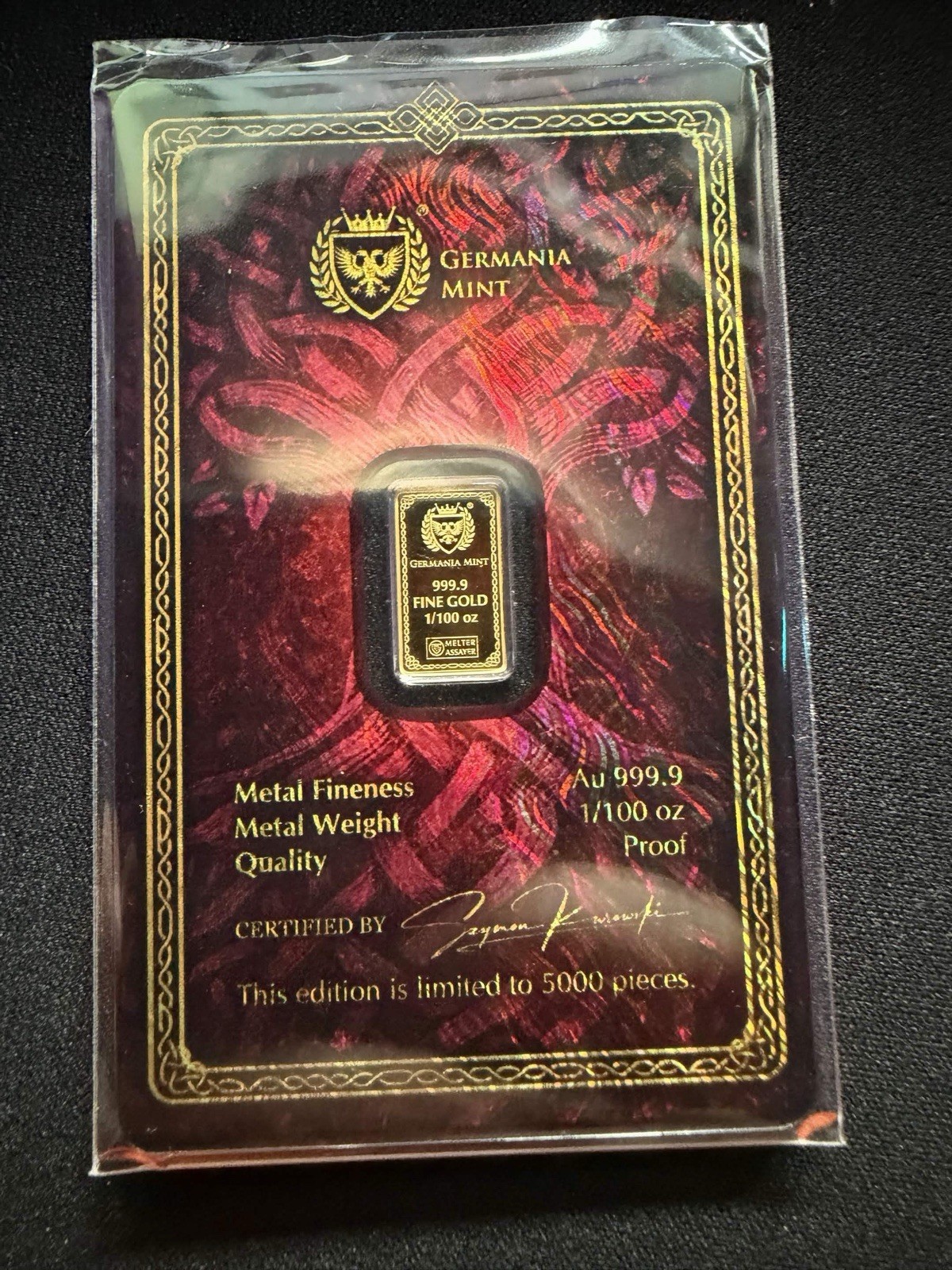 2026 Germania Mint Frigg 1/100oz Proof 9999 Gold Bar in Assay Mintage 5000