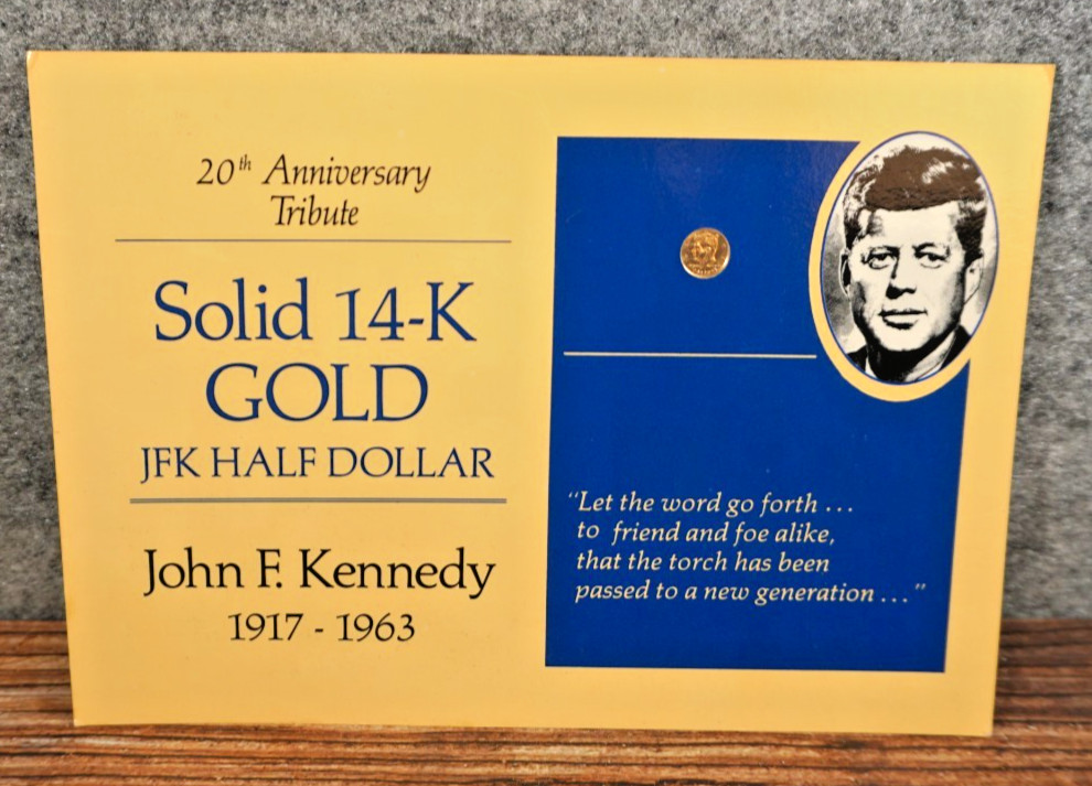 JFK 20th Anniversary Tribute, 14K GOLD Miniature Half Dollar & COA, 1964 – 1984