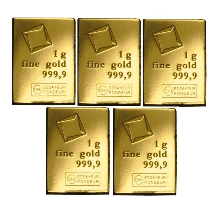 Lot of 5 – 1 gram Gold CombiBar™ Valcambi Suisse 9999 Fine Gold Bar