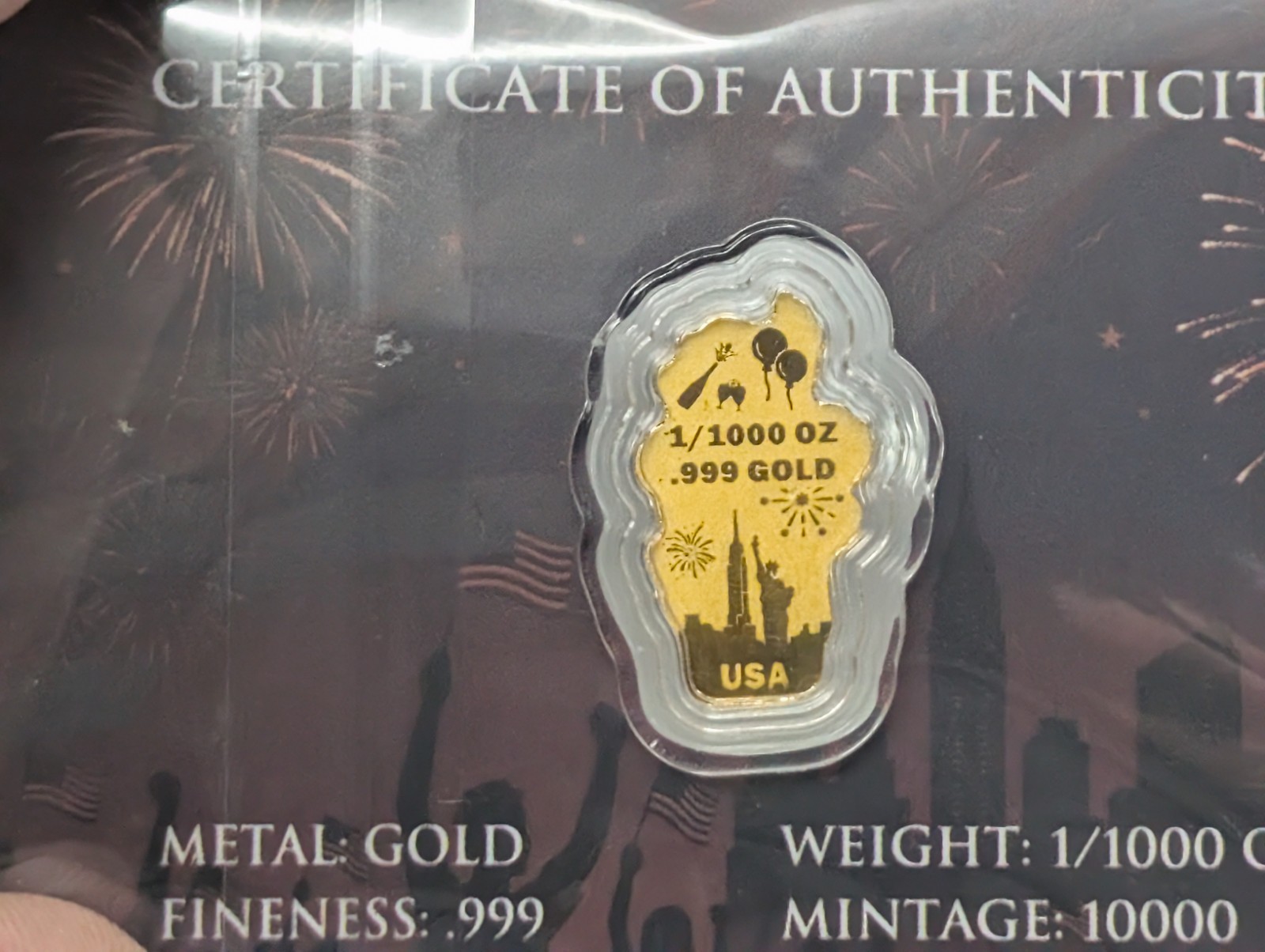 ​2026 Happy New Year 1/1000 oz .999 Fine Gold Bar Statue of Liberty Carded COA