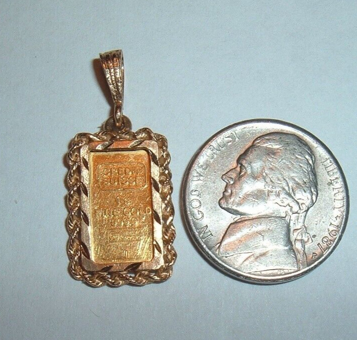 24K GOLD Credit Suisse 999.9 FINE INGOT BAR 14K ROPE BEZEL PENDANT CHAIN 2.73g