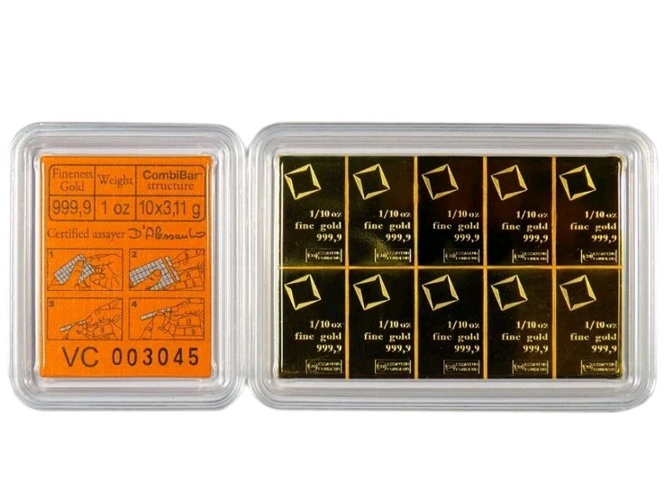 1 Troy oz Valcambi Suisse .9999 Fine Gold CombiBar 10 x 1/10 oz