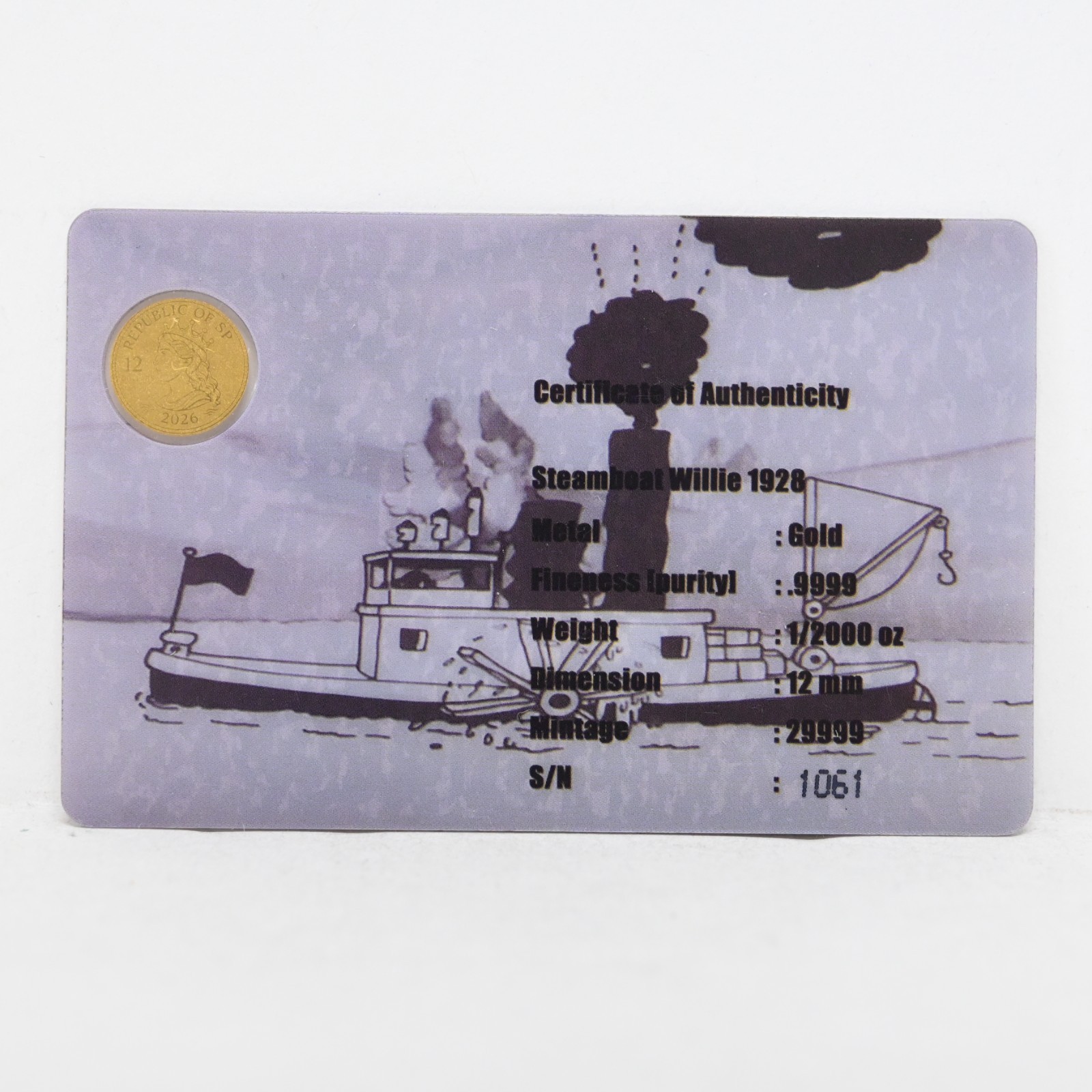 2026 Steamboat Willie 1928 Mickey Mouse 1/2000-oz .9999 Gold in Card Cert #1061