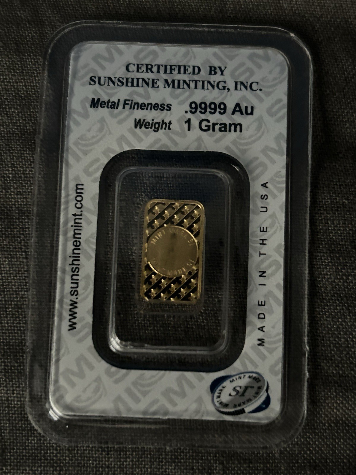 Sunshine Minting (SMI) 1 Gram 9999 Gold Bar-Sealed W Assay! W Security Feature🦅
