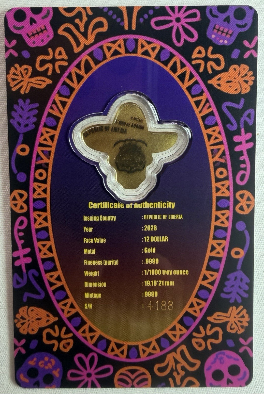 2026 Liberia 1/1000th Gold Carded Dia De Los Muertos Special Shaped with Capsule