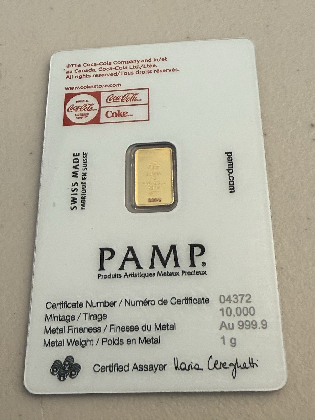 Pamp Suisse Coca-Cola Valentine’s Love 1g Gold Bar in Card With Sleeve
