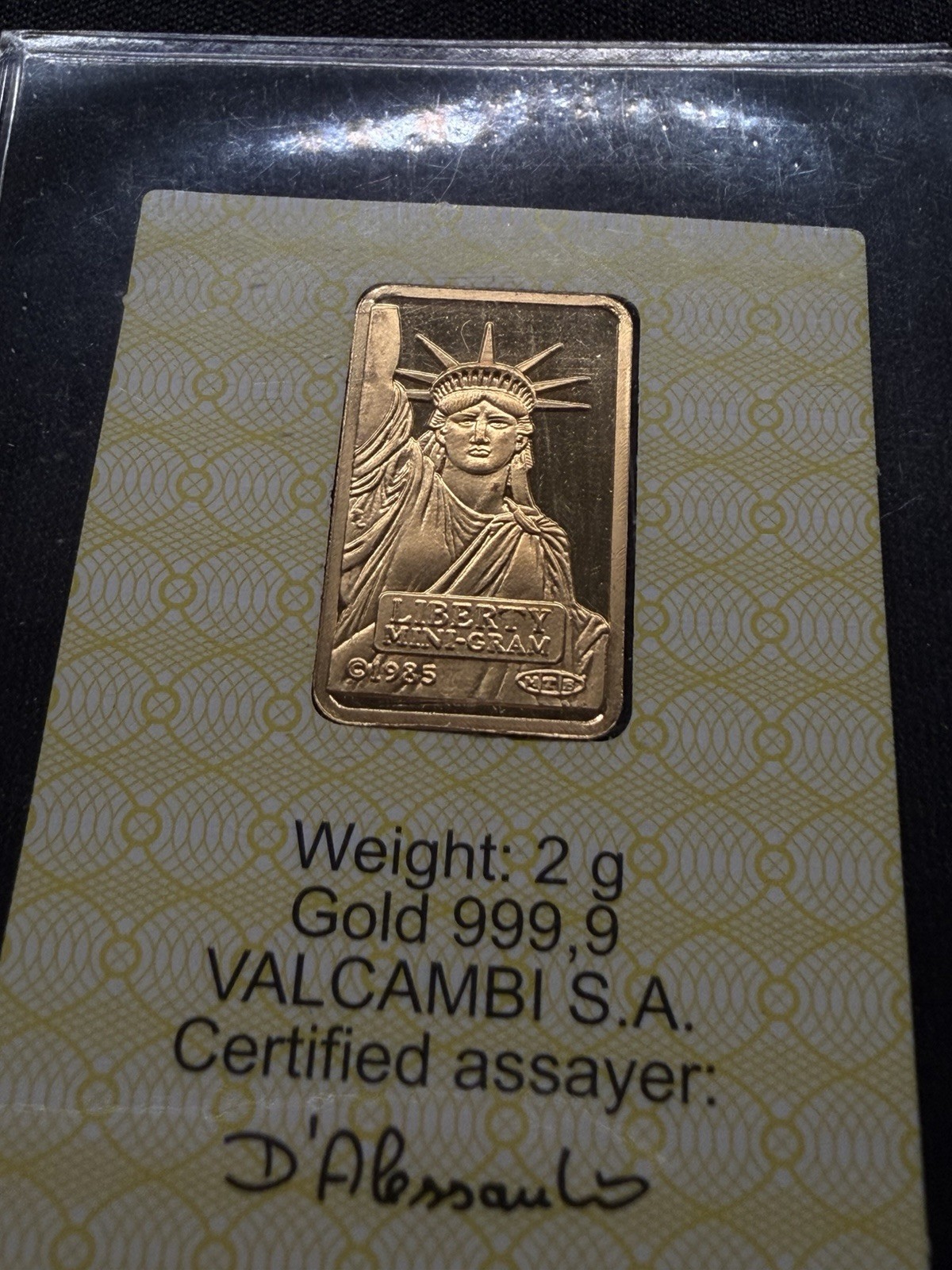 2 Gram Credit Suisse Gold Bar Certified 999.9 Valcambi W/Assay Card. VINTAGE