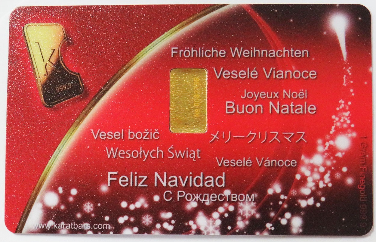 MERRY CHRISTMAS SANTA FLYING 1 GRAM DEGUSSA KARATBARS 1g GOLD 999.9 BAR IN CARD
