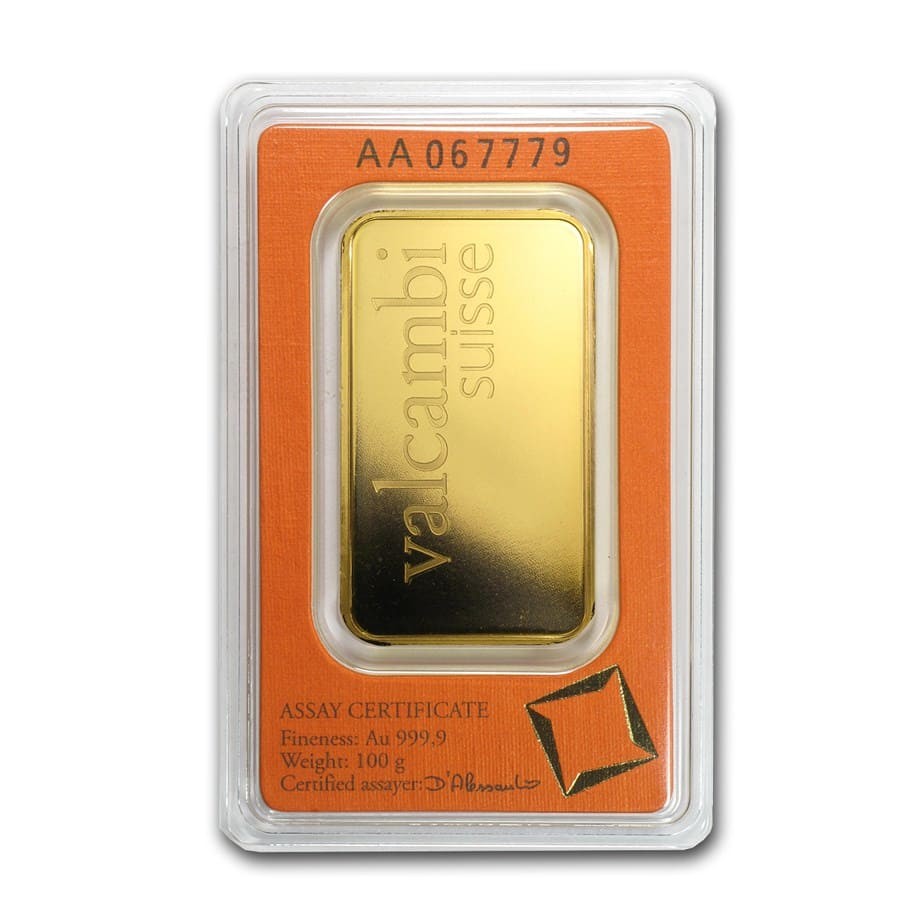 100 gram Gold Bar – Valcambi (Pressed w/Assay)