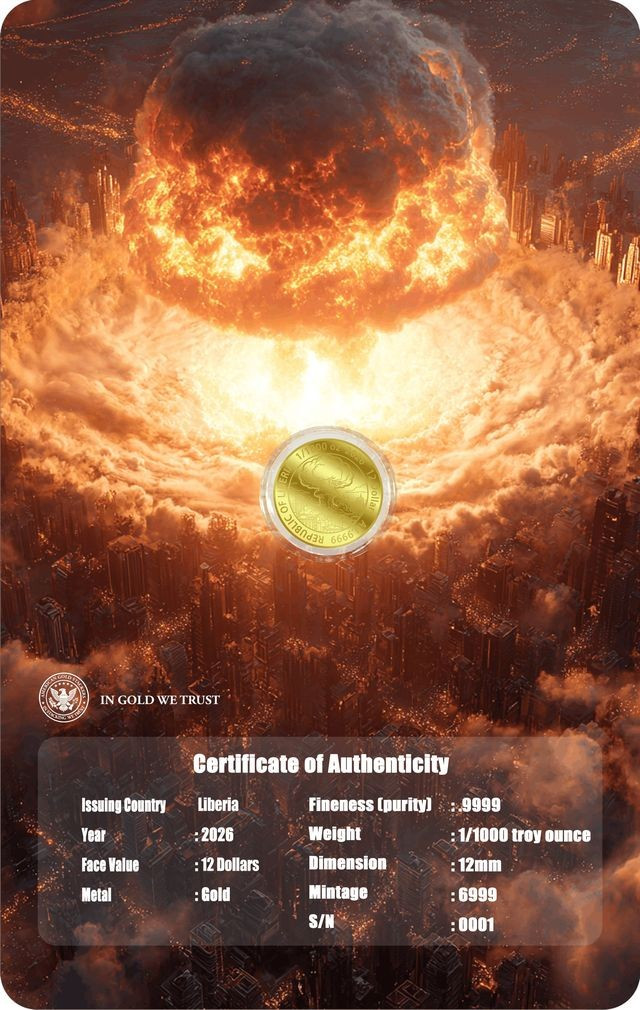 2026 Liberia Atomic Bomb 1/1000oz 9999 Gold Coin in Themed Card