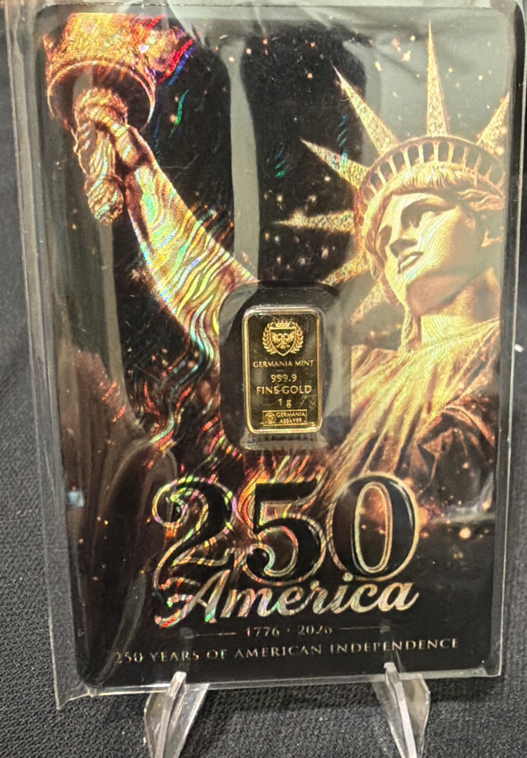 250 YEARS OF AMERICAN INDEPENDENCE – 1g Gold Bar by Germania Mint – LIMITED 2500