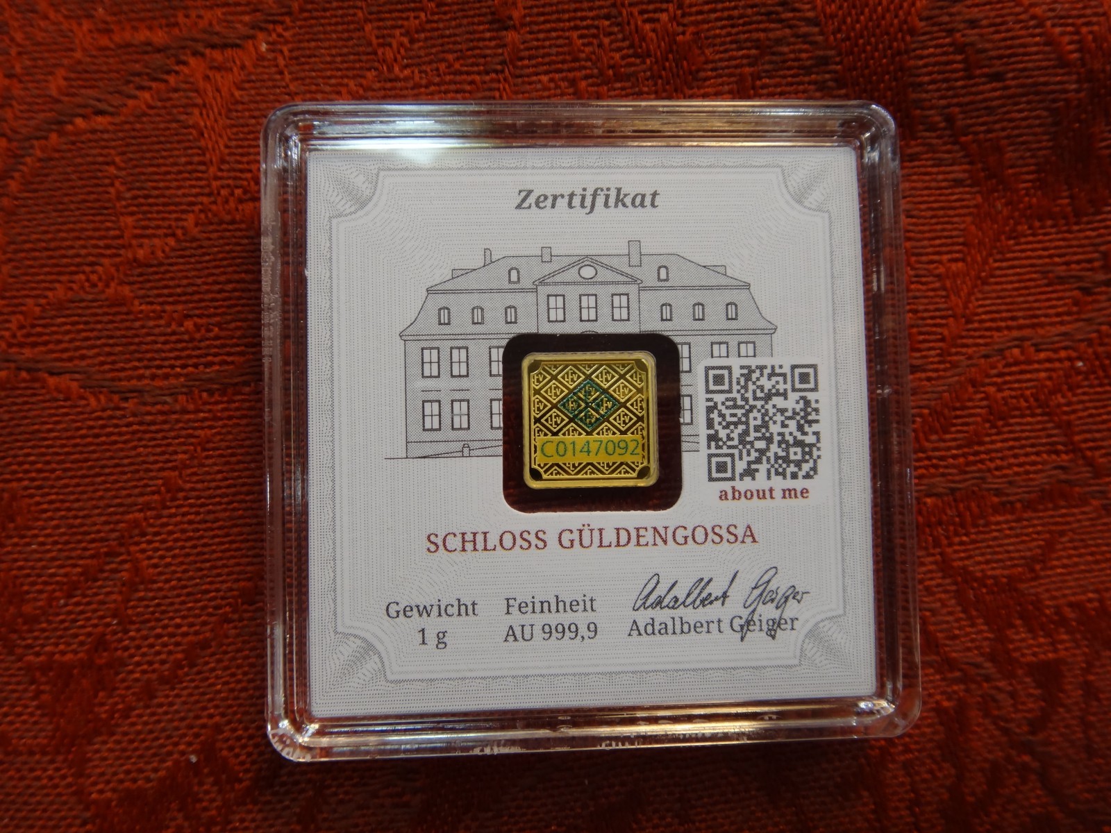 Geiger 1 Gram .9999 Gold Bar in Assay Made in Germany – Free S&H USA