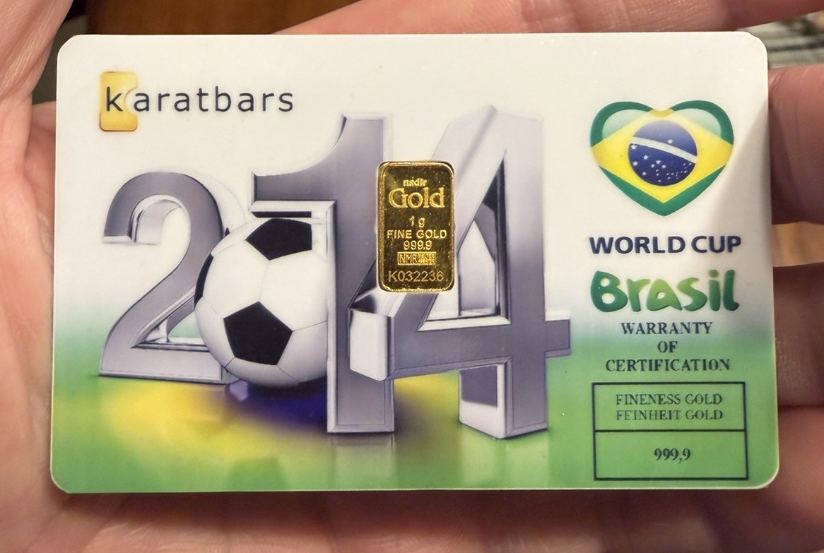 Karatbars 1 Gram .999 Fine Gold Bar Brazil 2014 World Cup Soccer Unique Karatbar