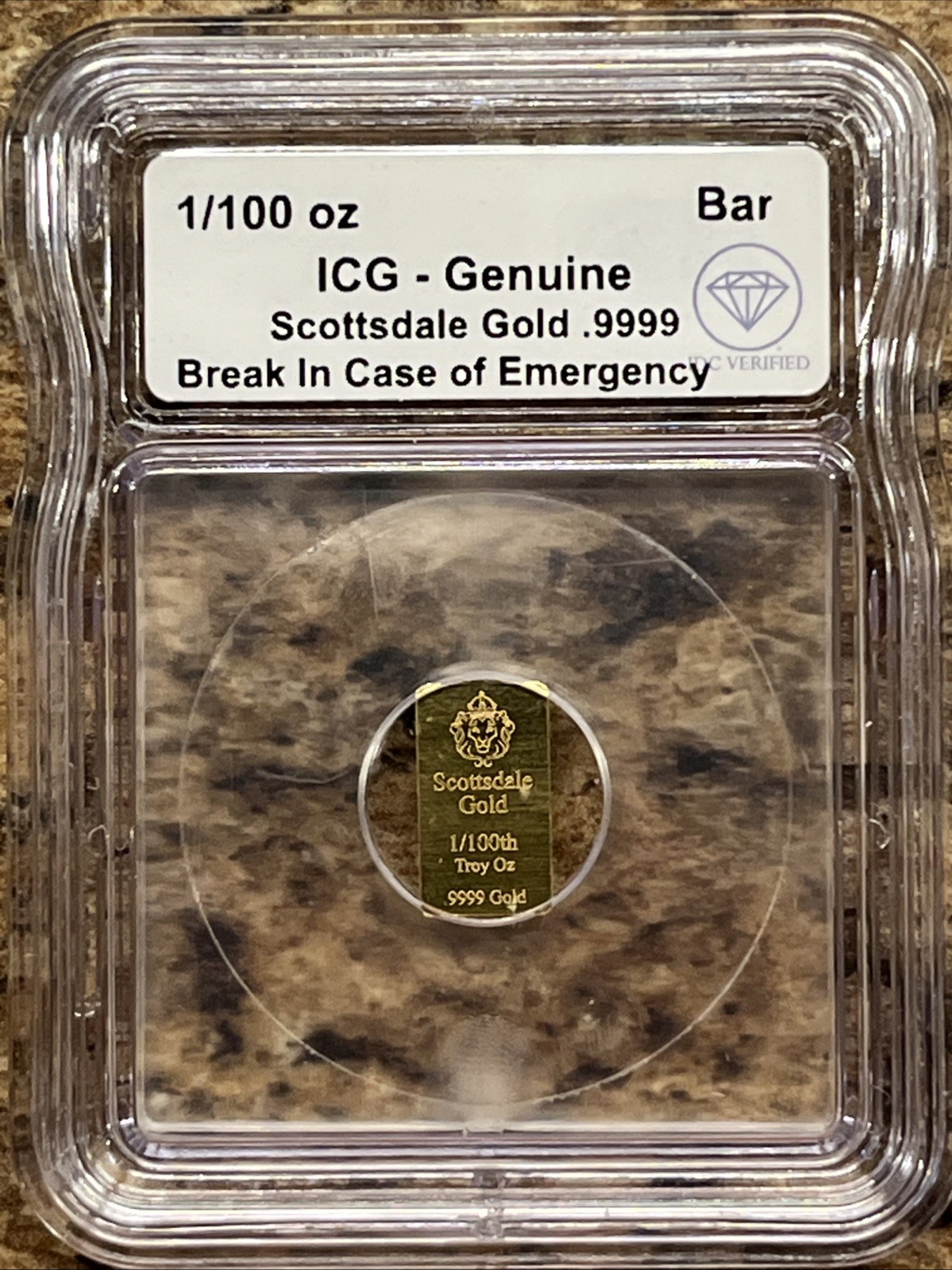 1/100 Oz Gold Bar- ICG- Genuine- Break In Case Of Emergency- Scottsdale Gold