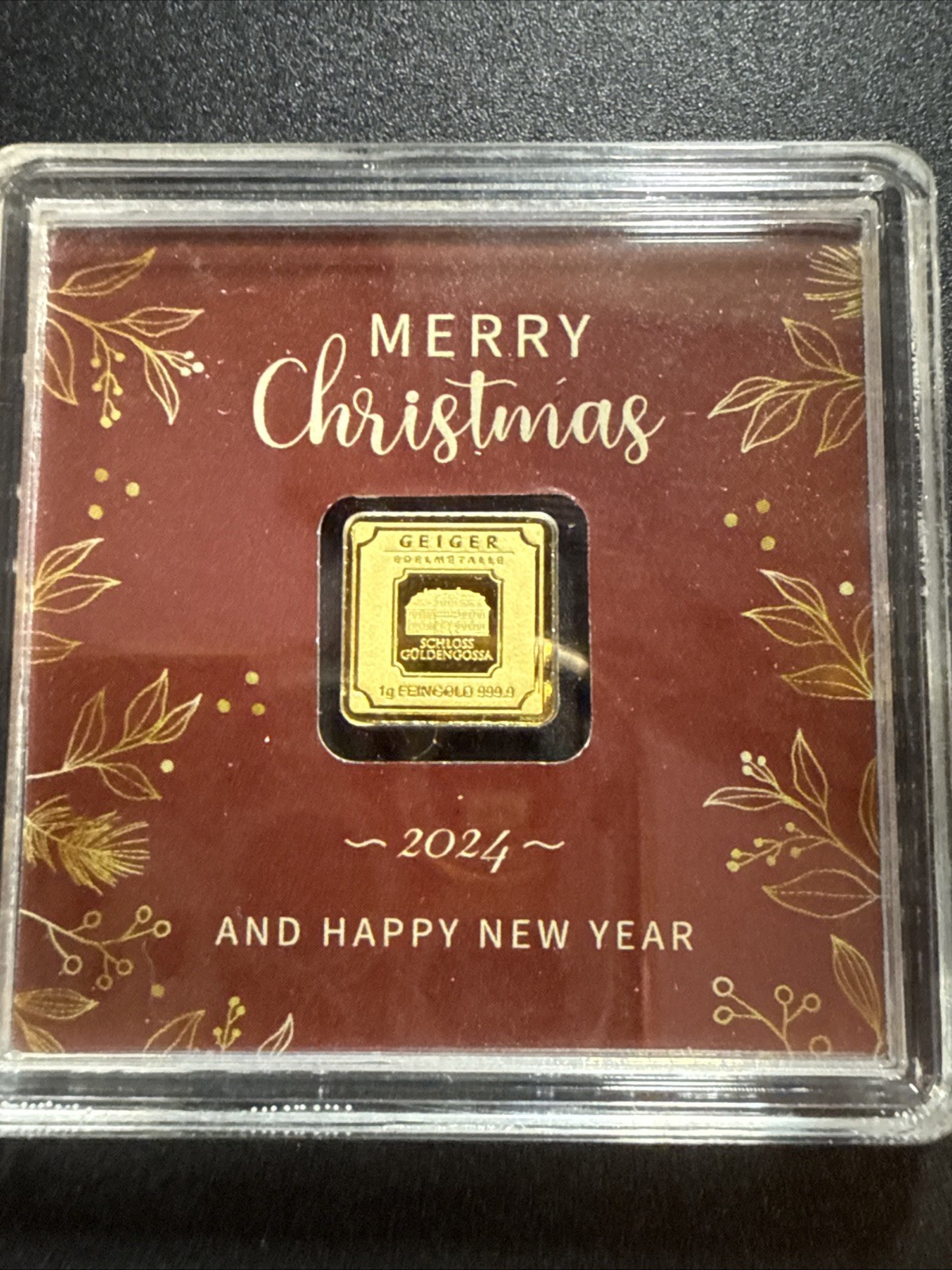 Merry Christmas Geiger In Assay-1 Gram Gold Bar (Only 1,000 Mintage) 999.9 Fine