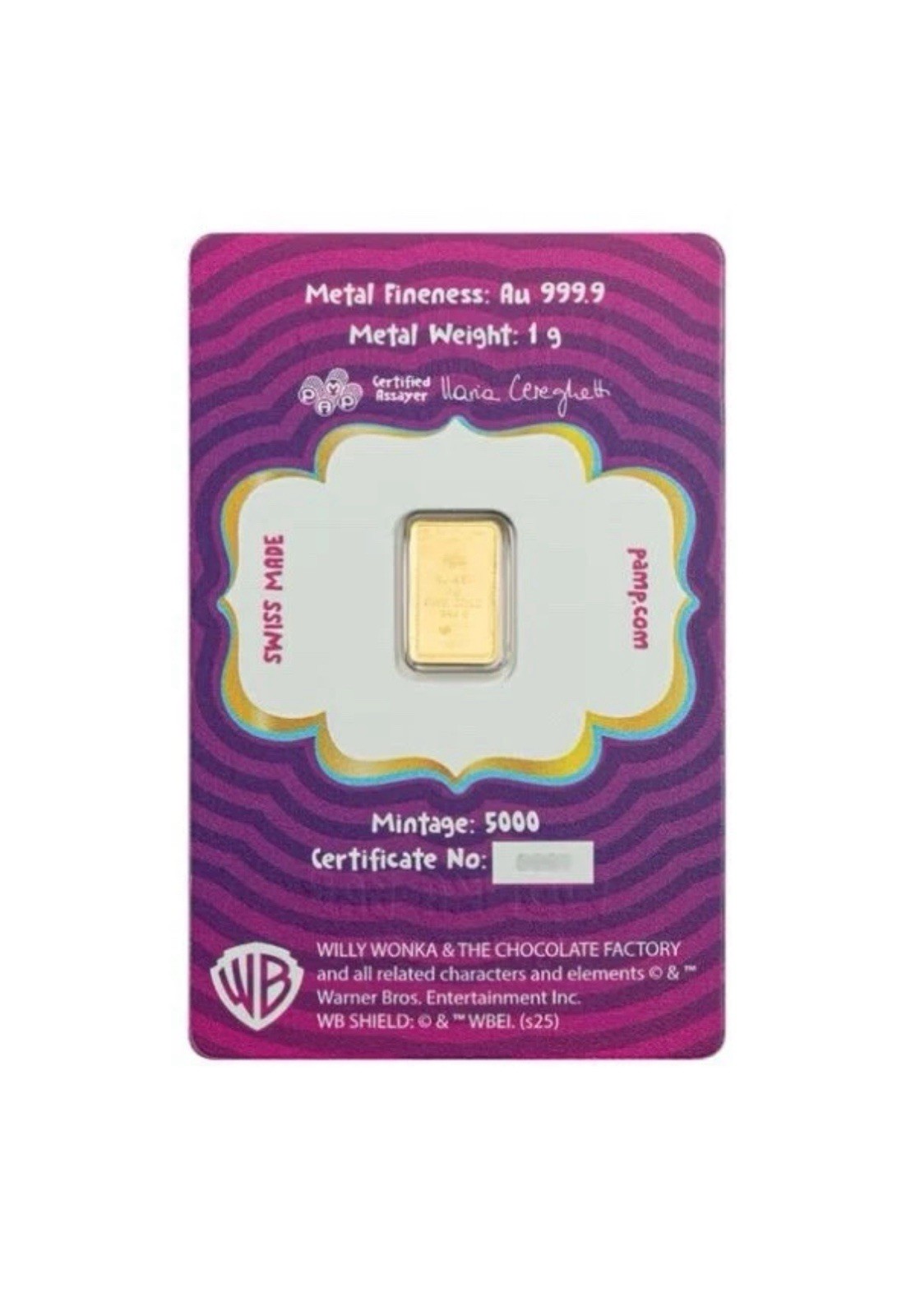 PAMP Willy Wonka 1 Gram Gold Bar 5,000 Mintage With Sleeve!
