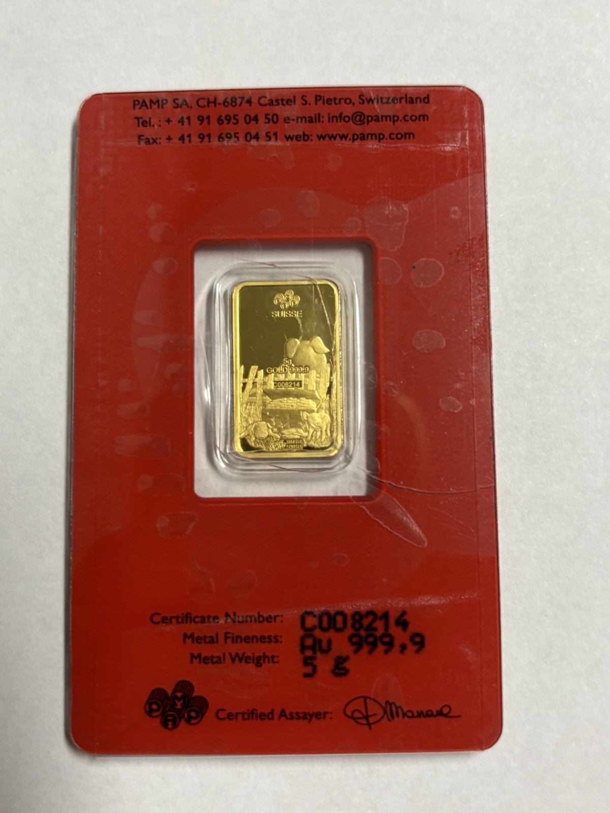 5 GRAM GOLD BAR ✪ PAMP SUISSE LUNAR PIG ASSAY CRACKED