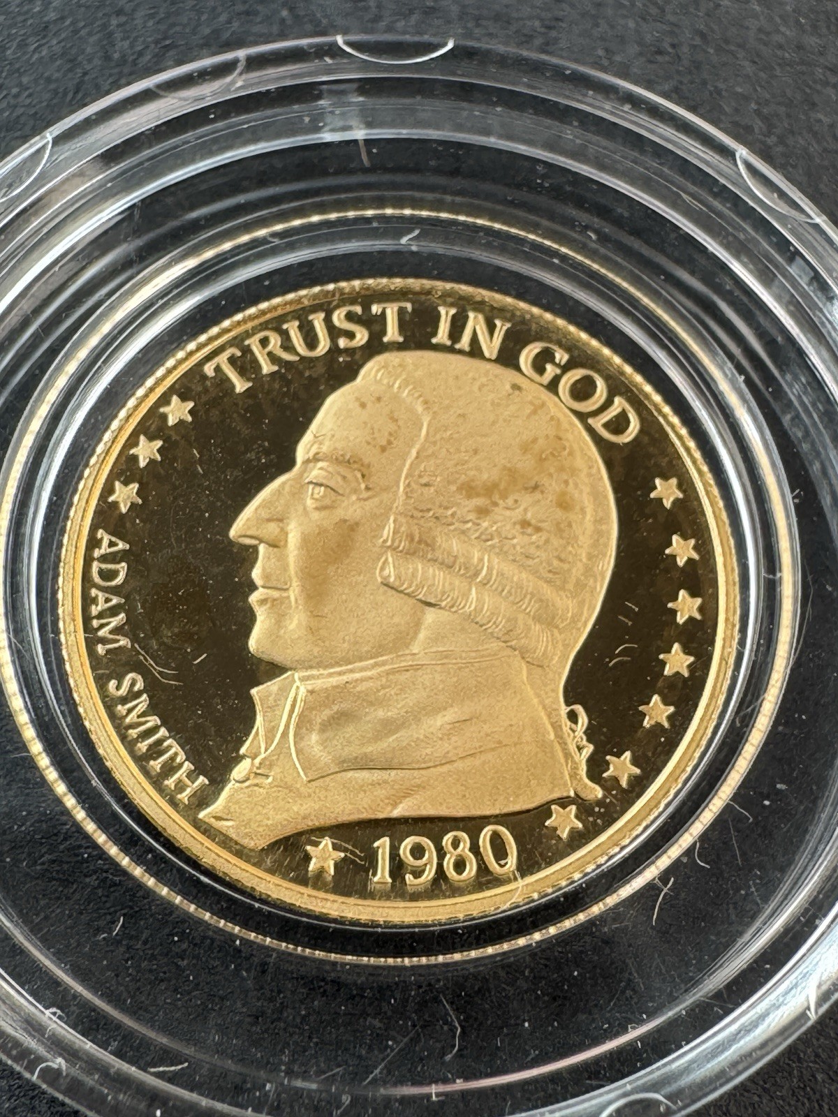 Rare 1980 1/10 oz .999 Gold Proof * Gold Standard Corporation Round * Adam Smith