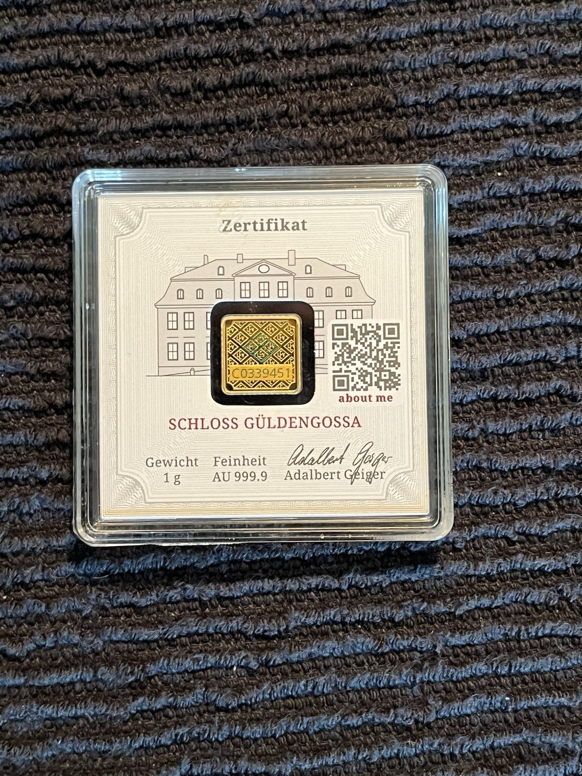 Geiger Edelmetalle Schloss Güldengossa 1g .9999 Gold Square Bar in Assay