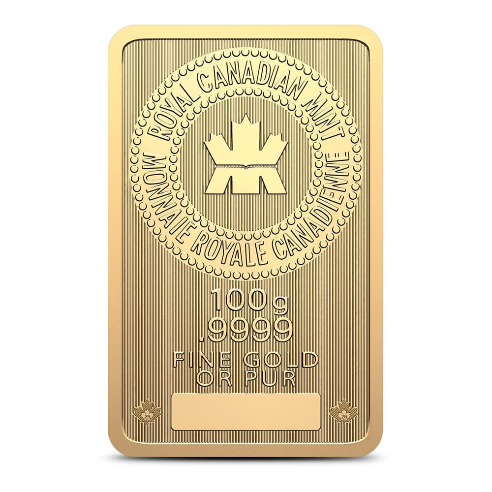 100 Gram (RCM) Royal Canadian Mint Gold Bar (New w/ Assay)