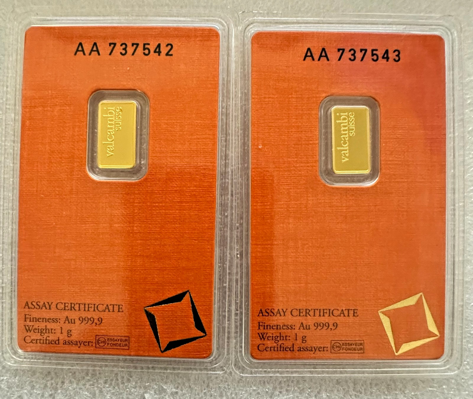 2) 1 gram Gold Bar Valcambi Suisse – 999.9 Fine in Assay Consecutive Numbers