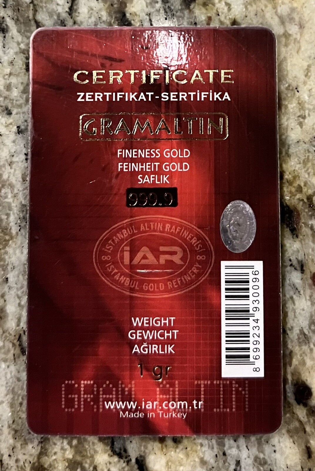 RARE Red Istanbul Altin Rafinerisi (IAR) 1g Gold Bar – Vintage Assay – LBMA
