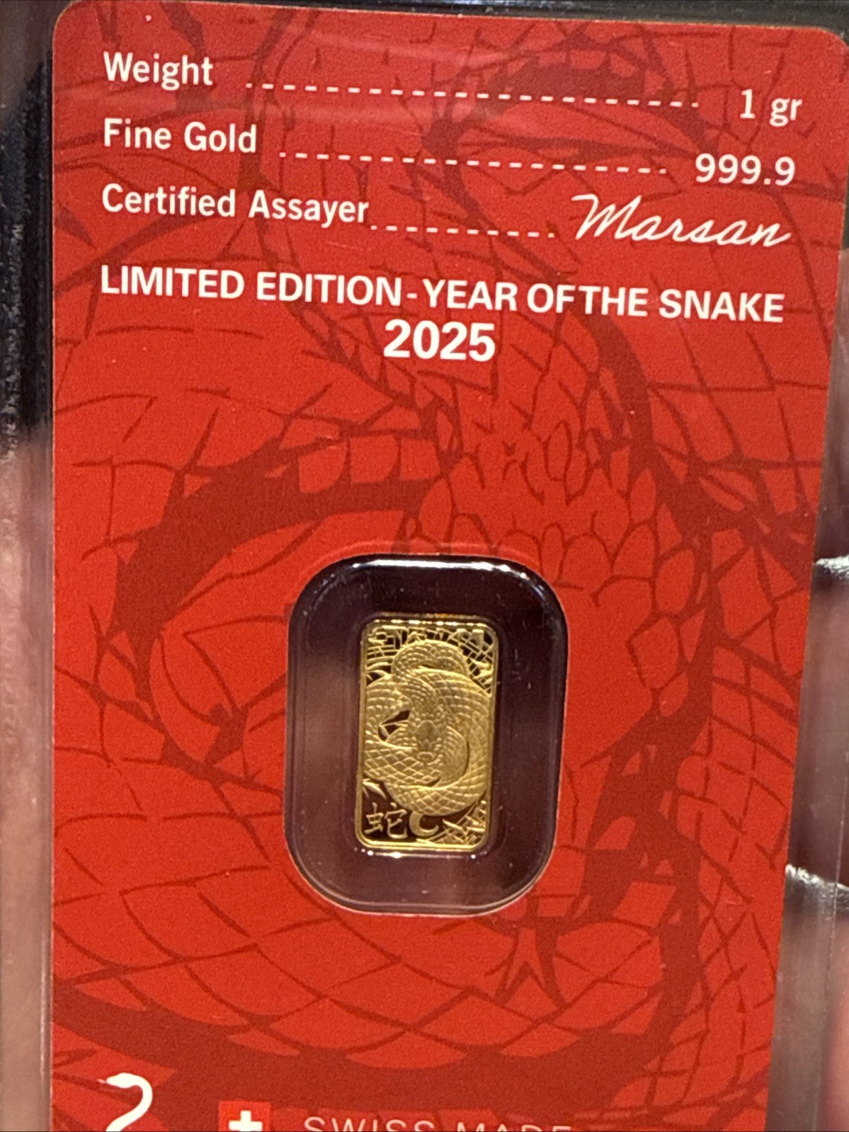 2025 Argor-Heraeus 1 Gram “Year of the Snake” Gold Bar ( In original package )