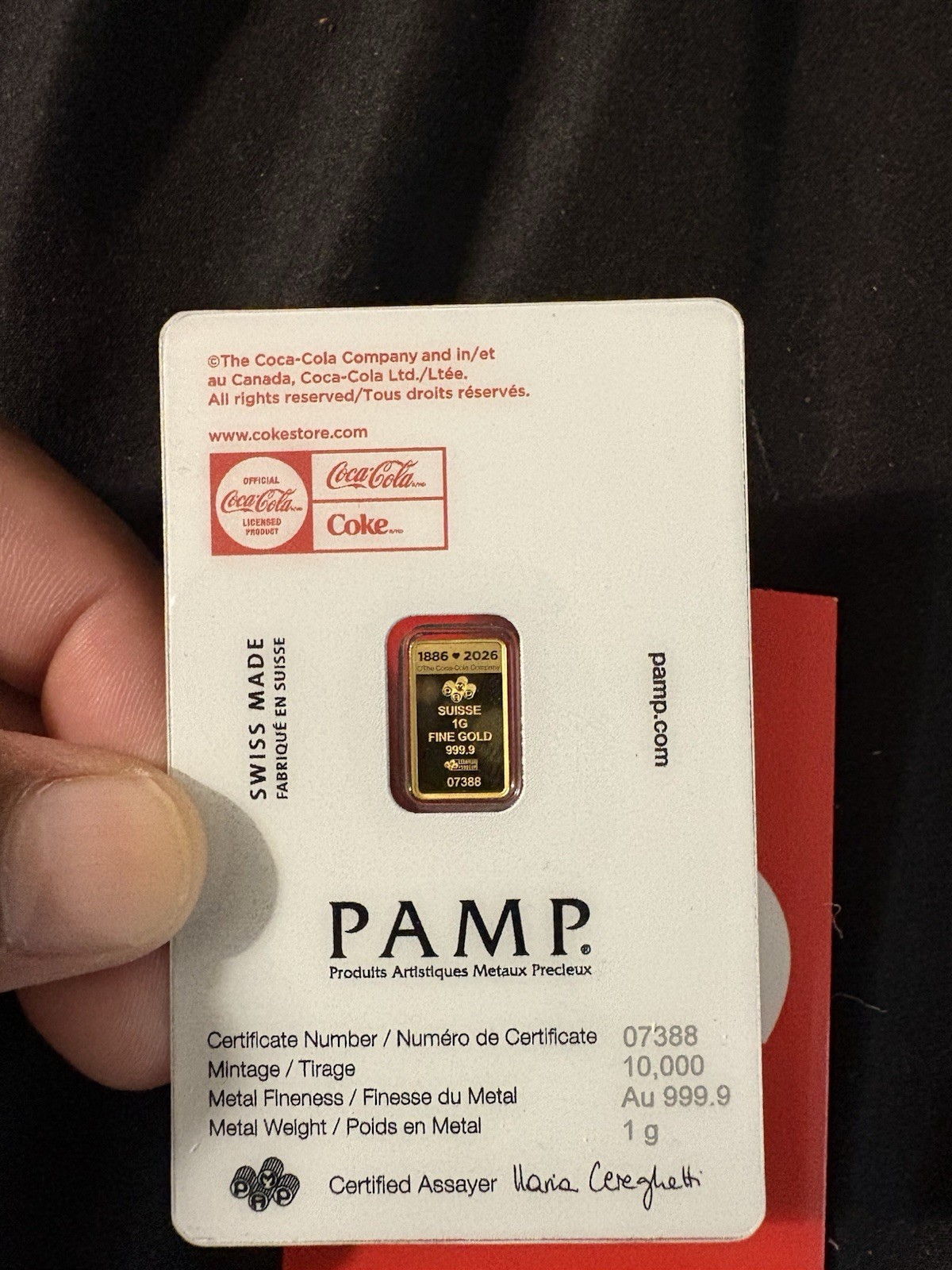 1g Gold Bar PAMP Suisse Coca-Cola Card .9999 Fine Gold Sealed Assay