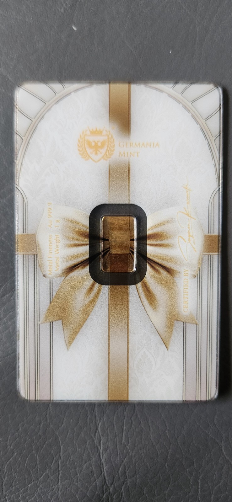 Germania Mint 1 gram 999.9 Fine Gold Bar In Assay “Best Wishes”