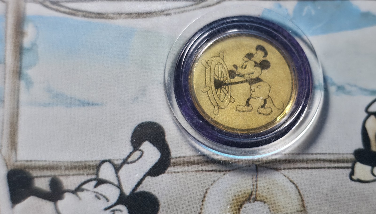 Steamboat Willie Mickey Mouse Gold 1/1000 Oz 999 Fine Round in Card