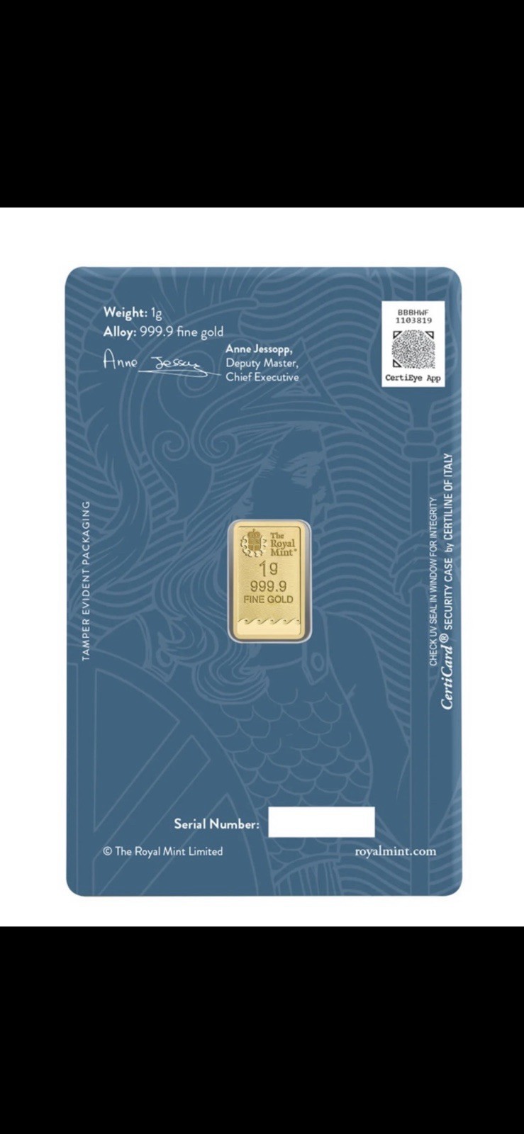 The Royal Mint Britannia 1g Gold Bullion Minted Bar