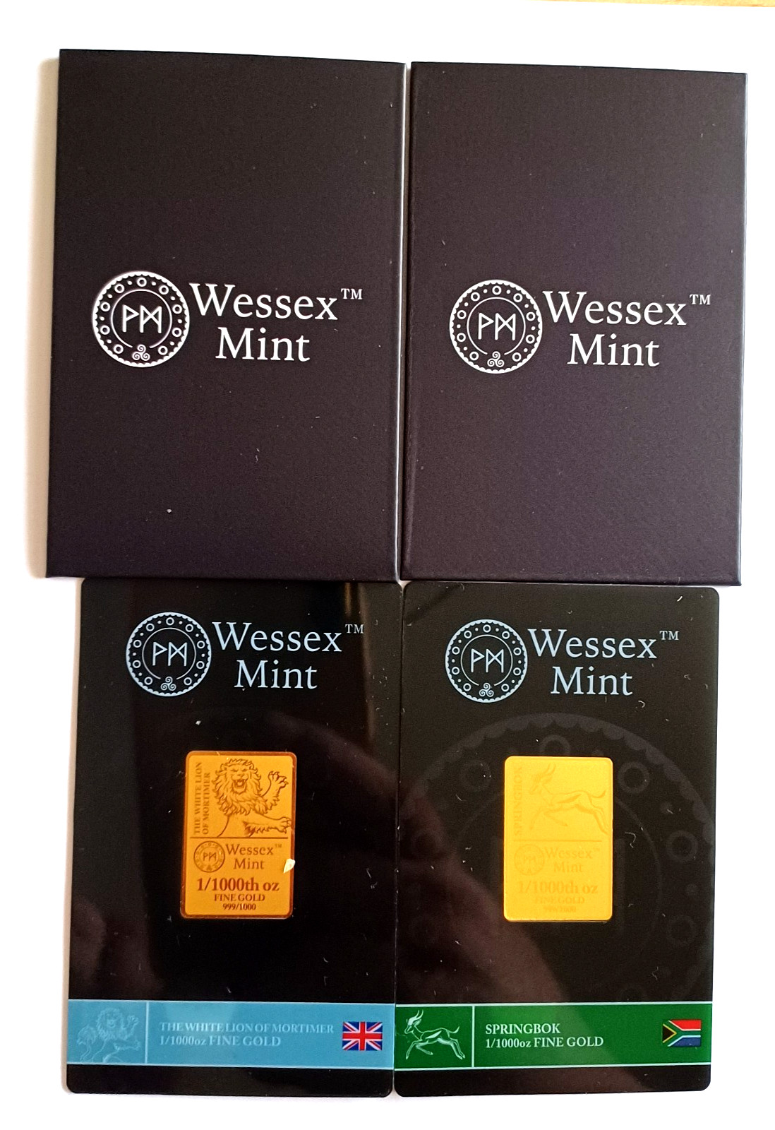 1/1000th oz Gold 999.9 Springbok & White Lion Bullion Bars by Wessex Mint