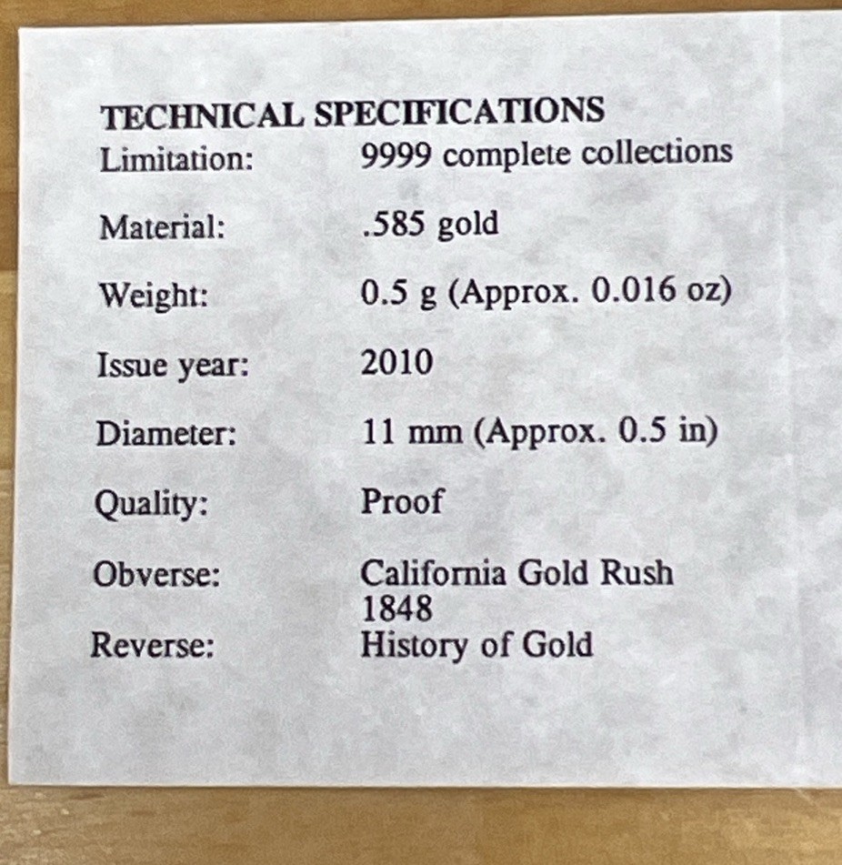 Gold .5g Each 14k American Mint {U.S. HISTORY OF GOLD} Set Of 4