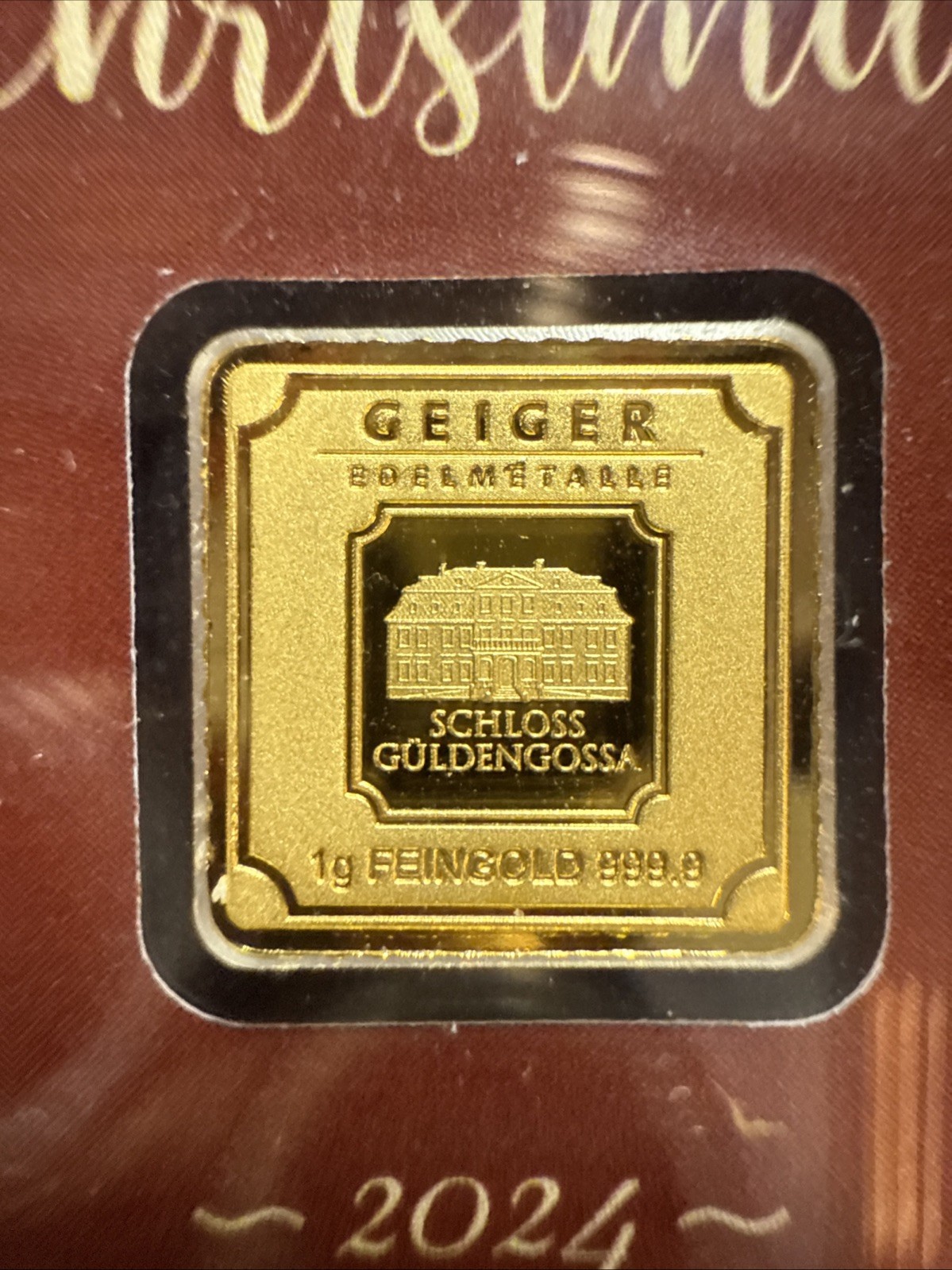 Merry Christmas Geiger In Assay-1 Gram Gold Bar (Only 1,000 Mintage) 999.9 Fine