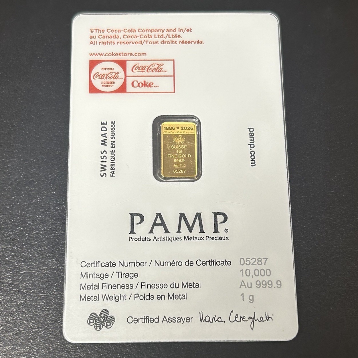 1 Gram Gold Bar PAMP Coca-Cola Valentine’s Love Bar .9999 Fine In Assay