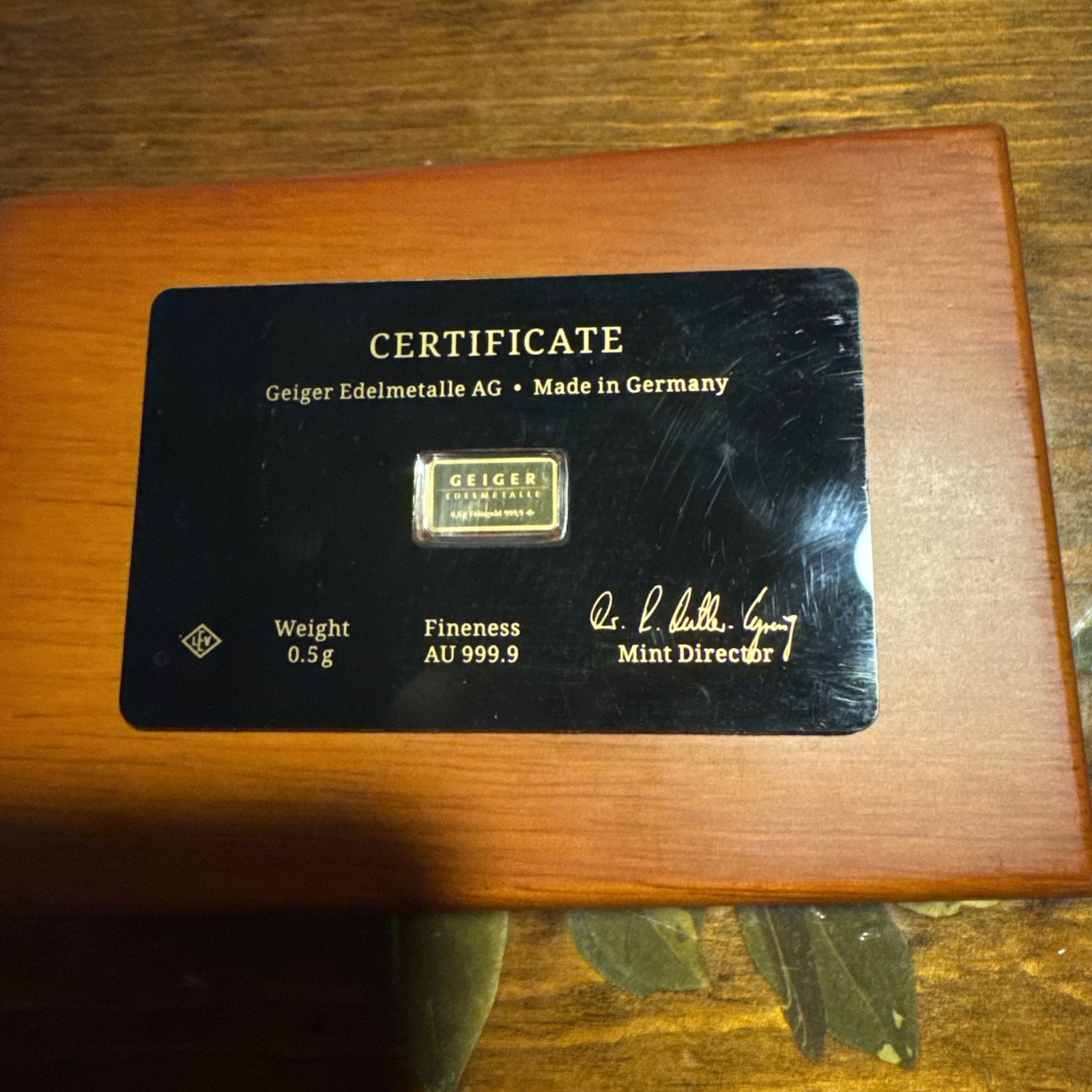 Geiger 0.5g Gold Bar Schloss Güldengossa Vintage Assay Card 999.9 Germany