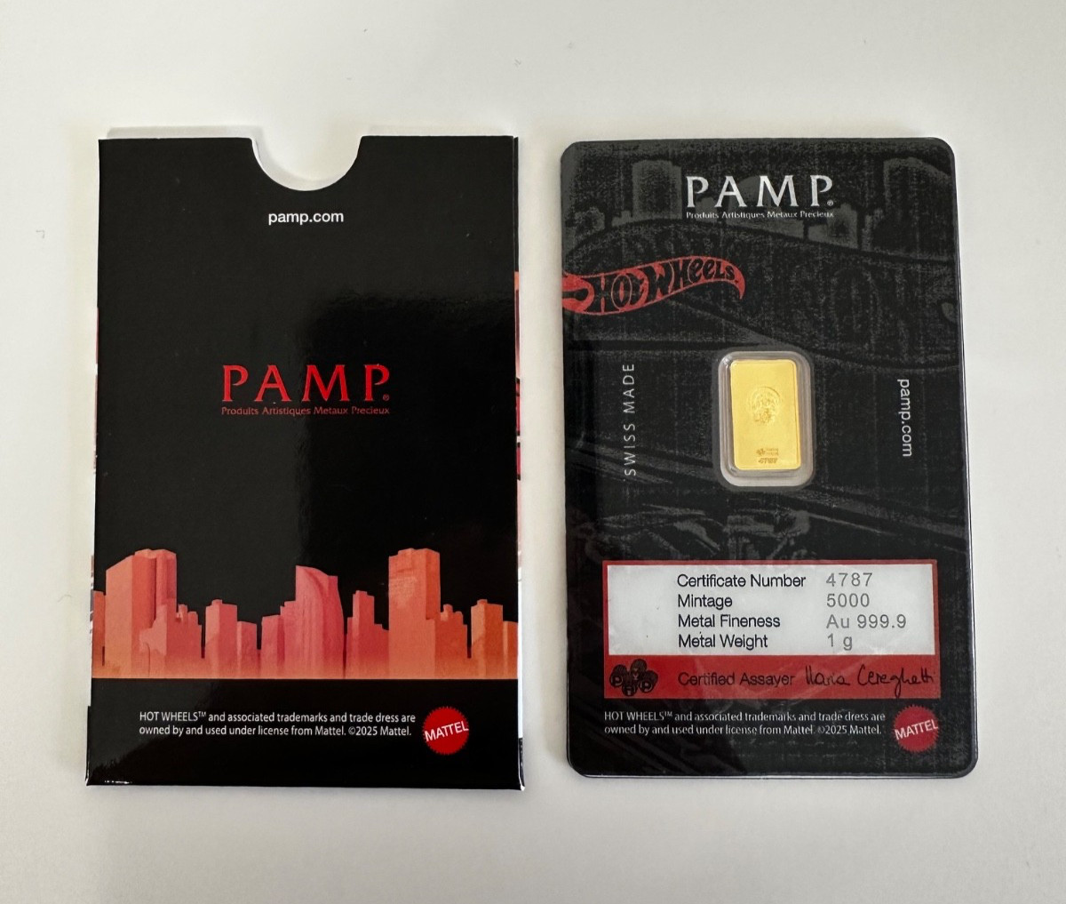 PAMP Suisse Hot Wheels 1 Gram Gold Bar 1g Gold Bar Limited Mintage 5000