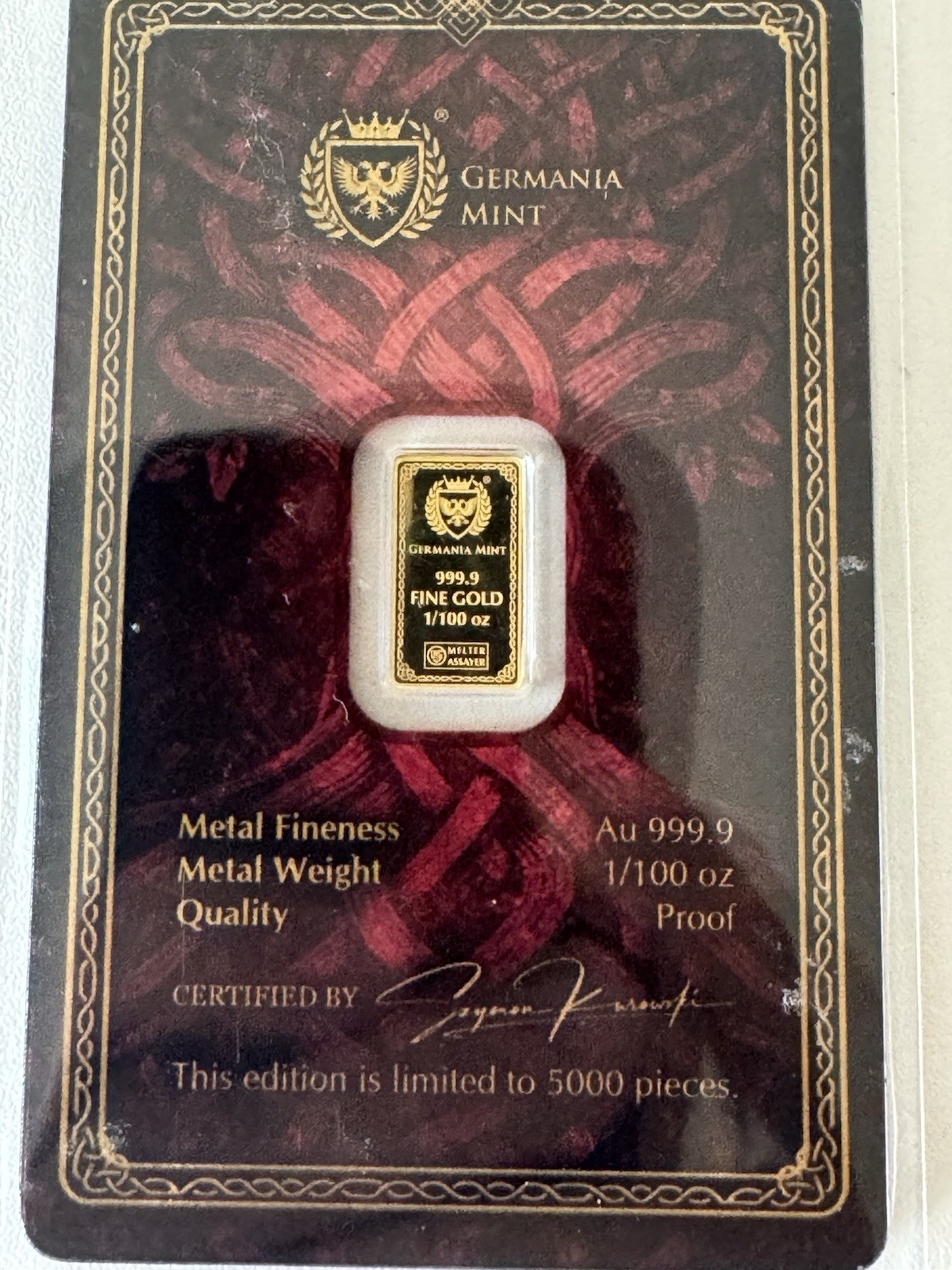 Germania Mint FRIGG 1/100 oz Gold Bar .9999 Fine in Assay Card