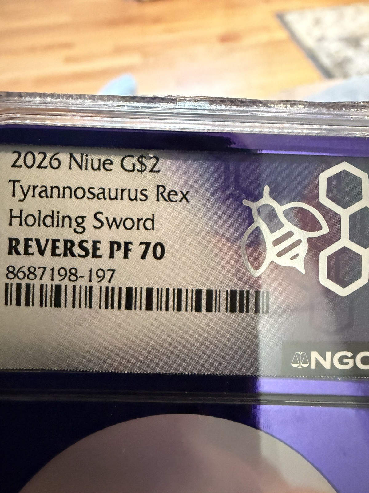 2026 Niue G$2 Gold Tyrannosaurus Rex Holding Sword 2 Gram Gold REVERSE PF 70