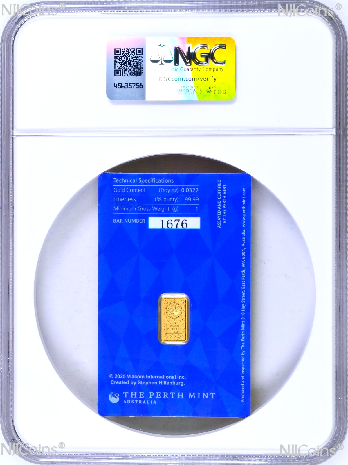 2025 SPONGEBOB SQUAREPANTS 1g .9999 Gold Perth Mint Minted Bar NGC MS 70 ER