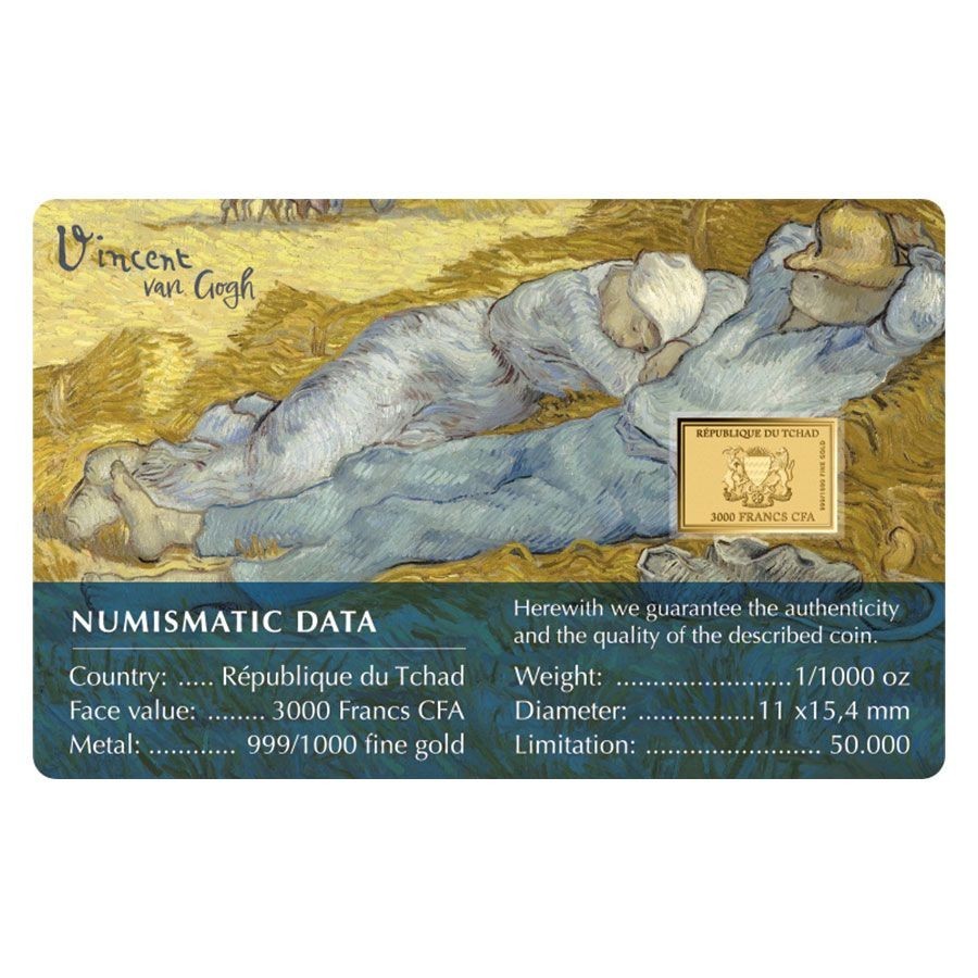 Van Gogh The Siesta 1/1000 Oz Gold 999 Coin card