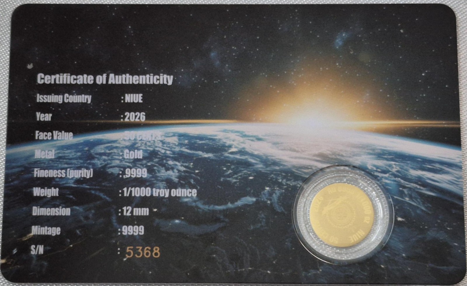 2026 NIUE 50C 1/1000th TROY Oz .999 GOLD*ONE GIANT LEAP FOR MANKIND* C.O.A #5368