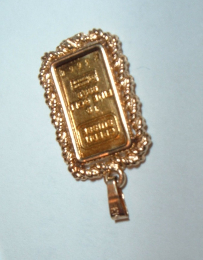 24K GOLD Credit Suisse 999.9 FINE INGOT BAR 14K ROPE BEZEL PENDANT CHAIN 2.51g