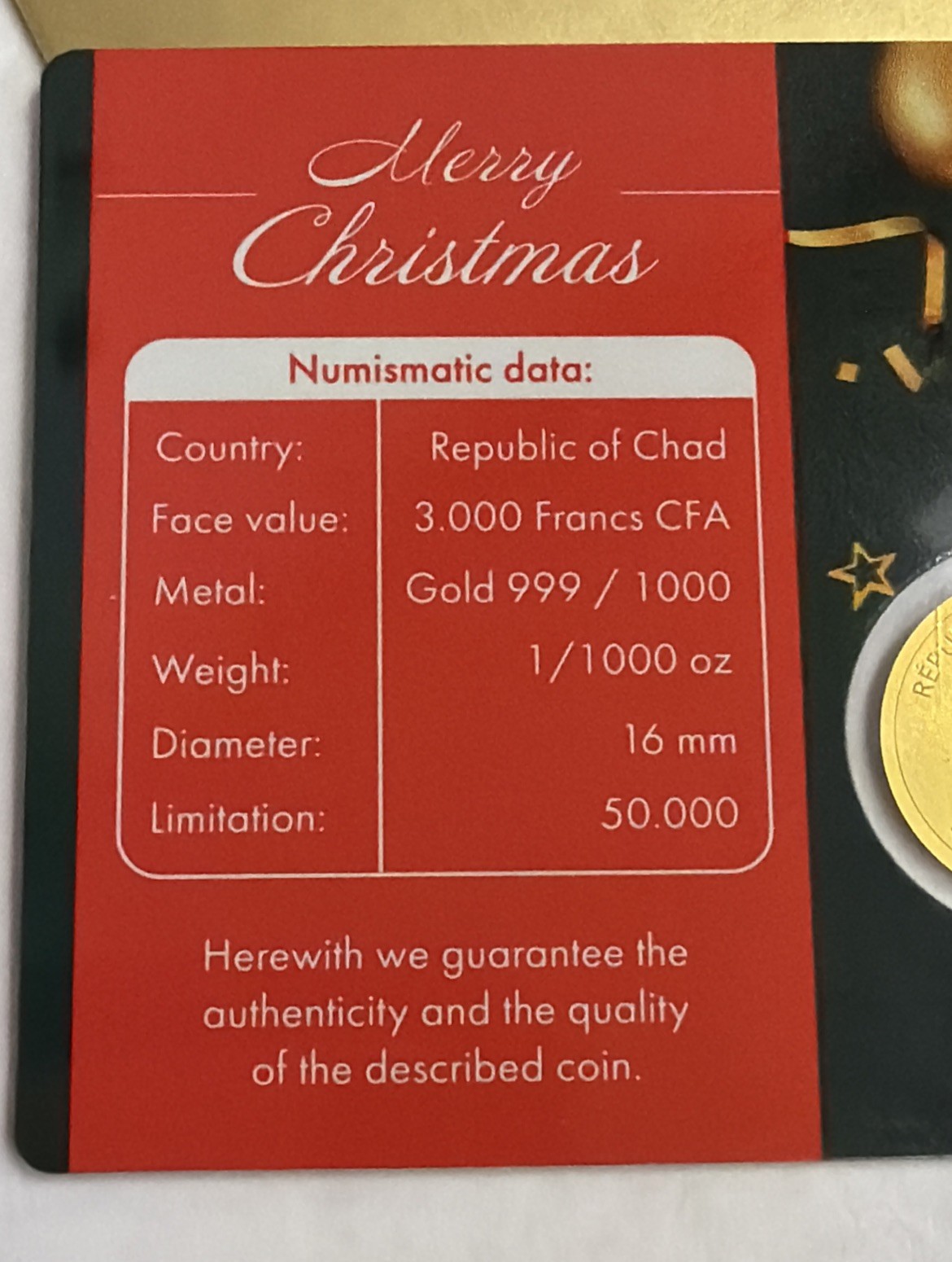 Coca-Cola Santa Christmas 1/1000 Oz .999 FINE Gold Coin Chad 3000 CFA Franc